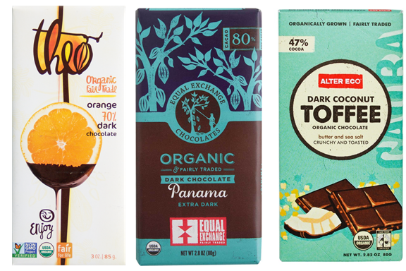 Three slavery-free chocolate bars: Theo orange dark chocolate, Equal Exchange Panama, and Alter Eco Dark Coconut Toffee