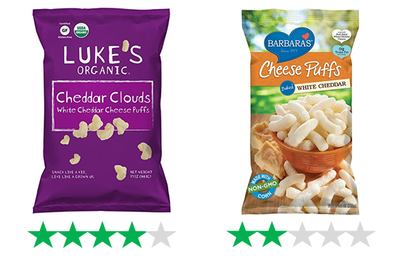 Luke's Organic Cheddar Clouds, rated 4/5 Green Stars, and Barbara's Cheese Puffs, rated 2/5 Green Stars.