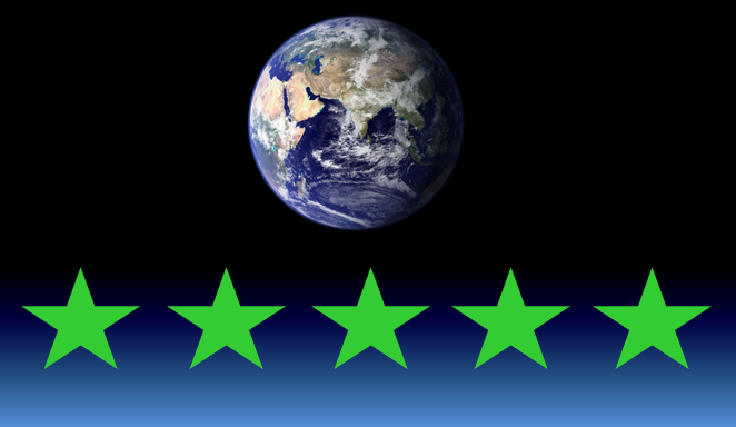 Earth seen from space, above a graphic of 5 green stars, representing an ethical score for social and environmental impact.