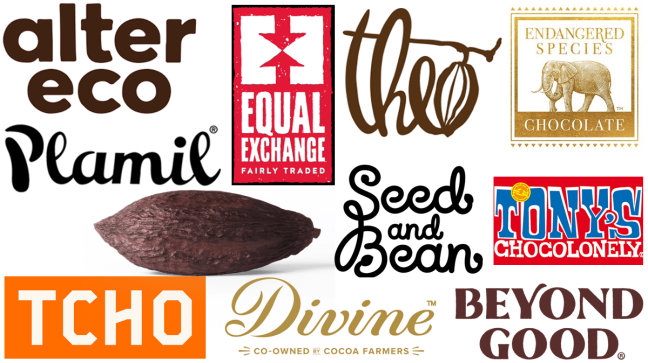 Top Ten Ethical Chocolate Brands. Logos for the top 10 ethical chocolate brands are shown. The list may change after user votes but initial brands are: Alter Eco, Equal Exchange, Theo, Endangered Species, Plamil, Tcho, Divine, Seed and Bean, Tony's Chocolonely, Beyond Good.