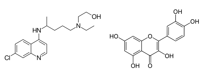 Chemical structures of the drug hydroxychloroquine and the natural product quercetin