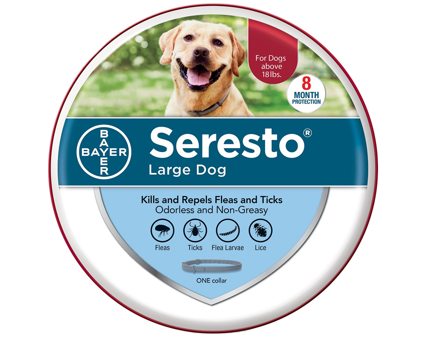 Seresto flea collar and imidacloprid. A package containing a Seresto flea collar is shown, bearing the Bayer logo. The product is now sold by Elanco, which bought Bayer's animal health division in 2019.