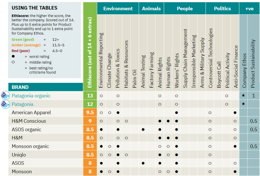 Win a subscription to Ethical Consumer. The image shows detail from a table from Ethical Consumer Magazine. The table ranks clothing brands from best to worst. The top 5 brands shown are Patagonia Organic, Patagonia, American Apparel, H&M Conscious, and ASOS organic. 