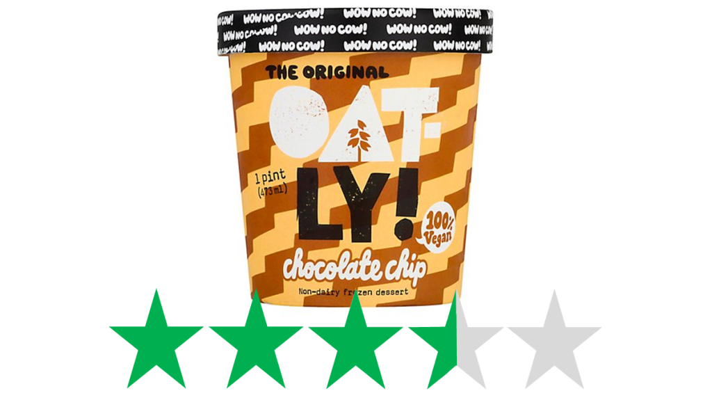 Oatly chocolate chip vegan ice cream is pictured above a graphic showing an ethical rating of 3.5 green stars for social and environmetnal impact. Blackstone’s investment in Oatly