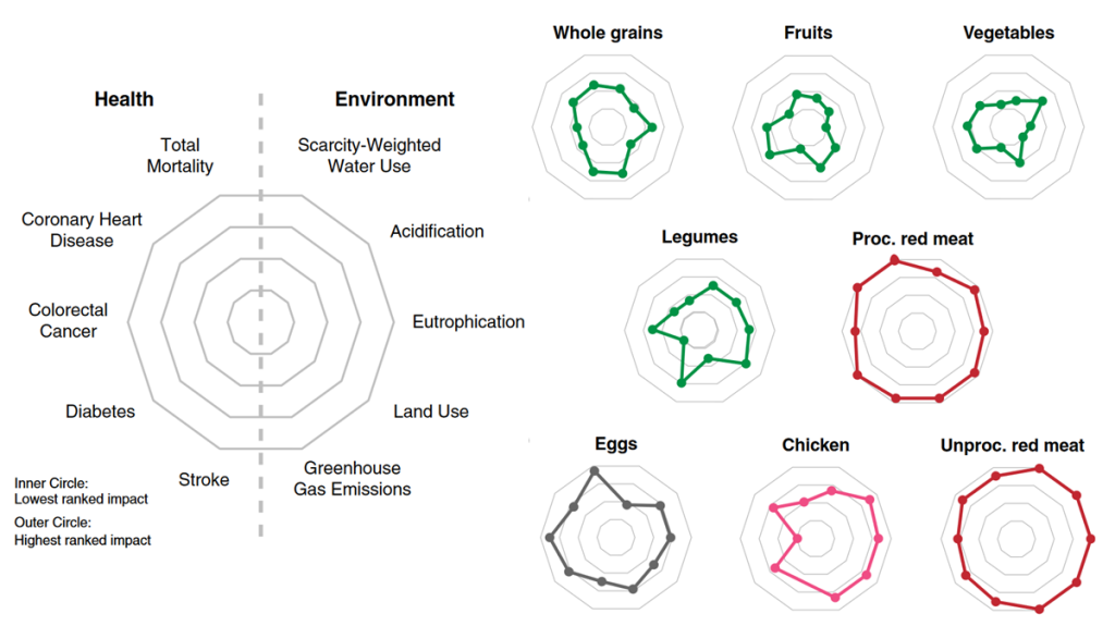 Health and environmental imacts of various foods - meat versus plants. The images shows that red meat, both processed and unprocessed receives the worst scores on both health and environmental fronts. Chicken is a little better for both health and the environment. Eggs offer further improvements on environmental impact. By far the best scores for both health and the environment are for vegetables, fruits, legumes, and whole grains. 
