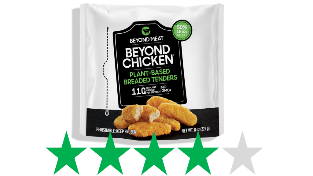 Beyond Chicken Tenders at the Grocery Outlet - ethical rating. A bag of Beyond Chicken tenders is shown over a graphic of an ethical score of 4/5 Green Stars. 