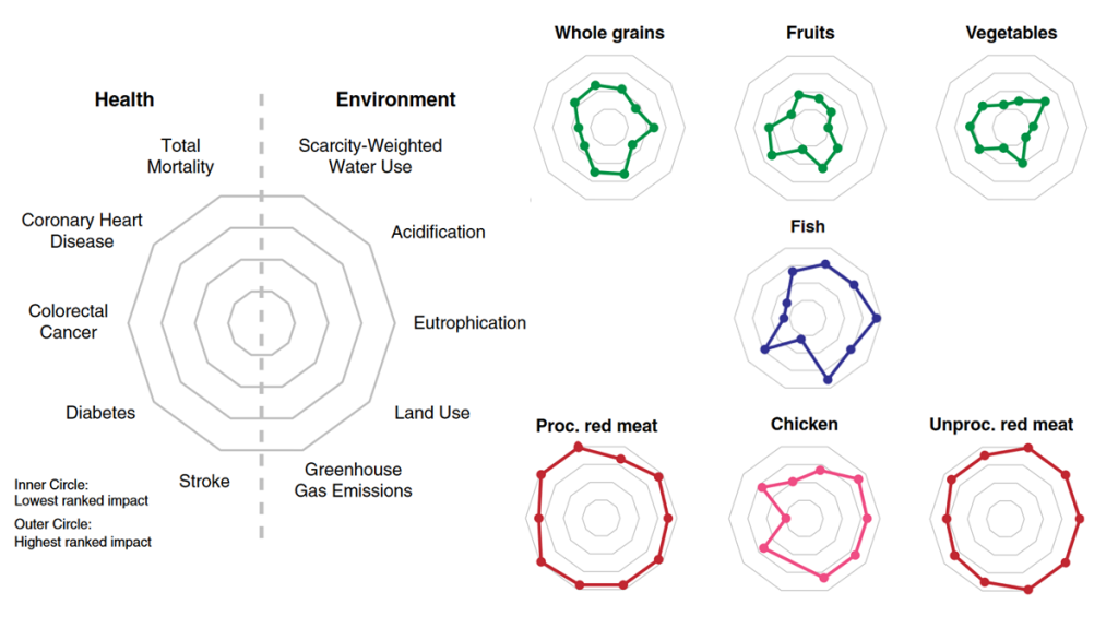 Health and environmental imacts of various foods - plants, fish, meat. 5 health risk and 5 environmental risks are shown for various kinds of food. Whole grains, fruits, and vegetables score best. Fish receives an intermediate score while red meat scores worst on all fronts. What’s the most sustainable kind of seafood?