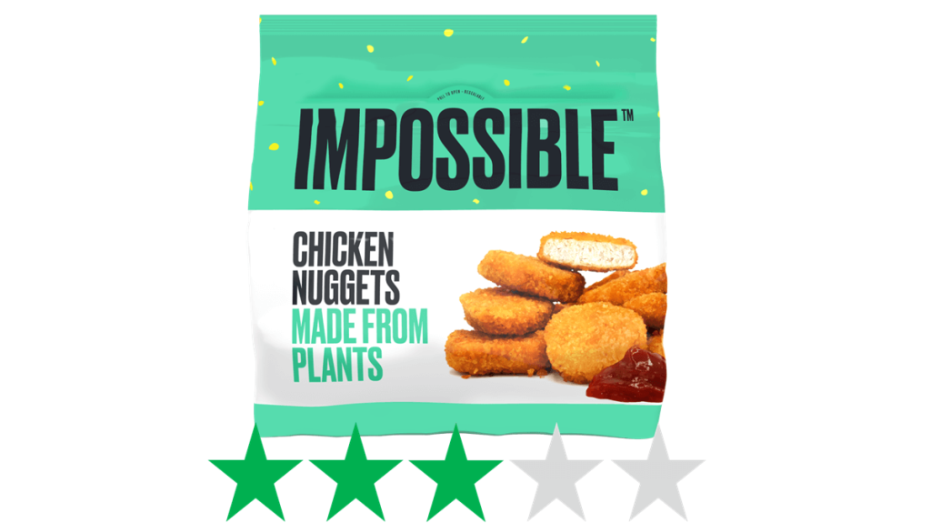 Impossible Chicken Nuggets - Green Stars rating for social and environmental impact. A bag of Impossible Chicken Nuggets is shown over a graphic showing an ethical score of 3/5 Green Stars.