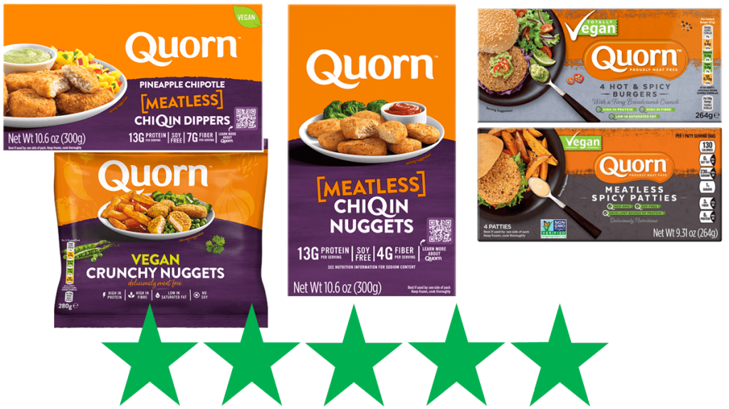 Quorn vegan products - Green Stars score for social and environmental impact. Several Quorn products such as ChiQin Nuggets and vegan ChiQin Dippers are shown next to a graphic showing an ethical score of 5/5 Green Stars